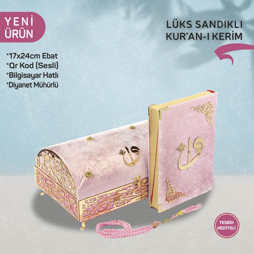 Lüks Ayaklı Oval Sandık Pembe Kadife Kuranı Kerim