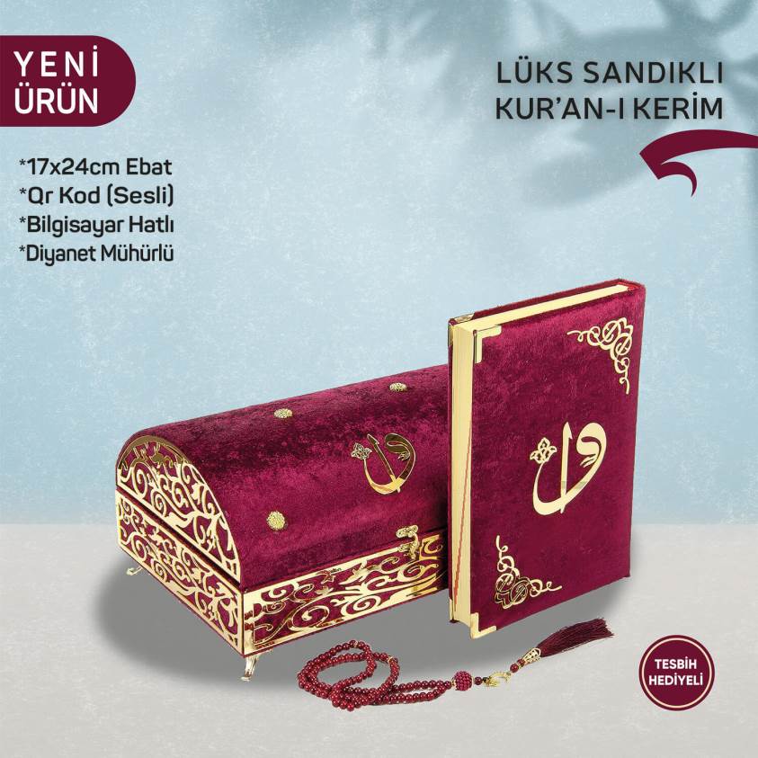 Lüks Ayaklı Oval Sandık Bordo Kadife Kuranı Kerim