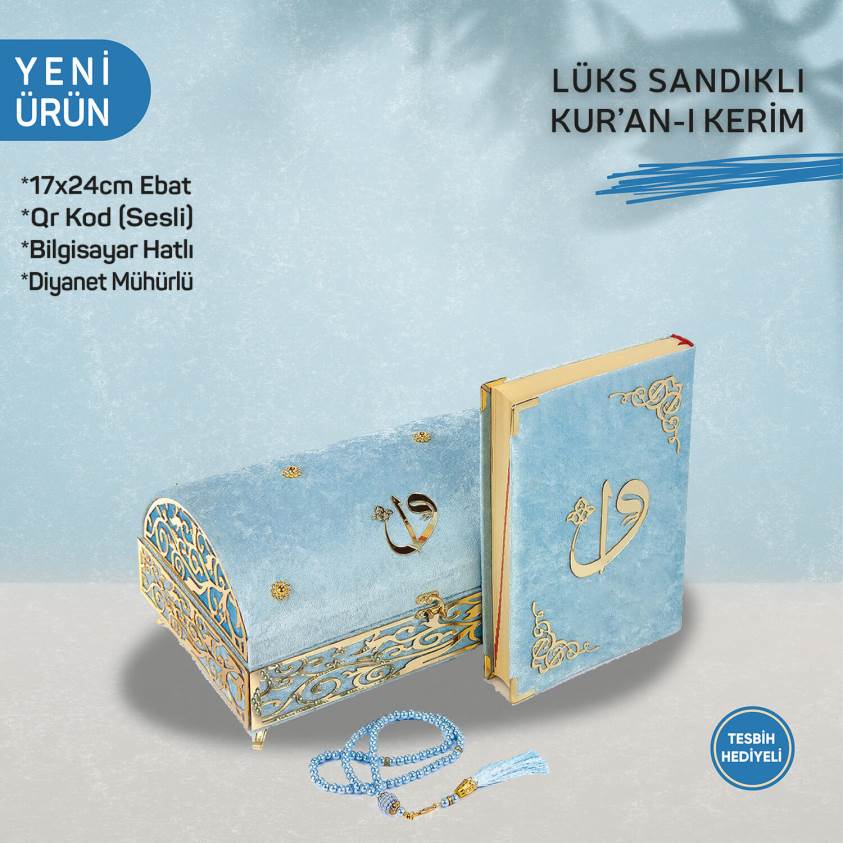 Lüks Ayaklı Oval Sandık Mavi Kadife Kuranı Kerim