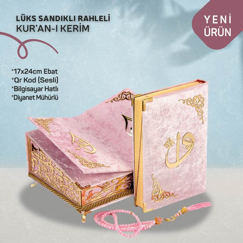 Lüks Ayaklı Pembe Rahleli Kutulu Kadife Kuranı Kerim