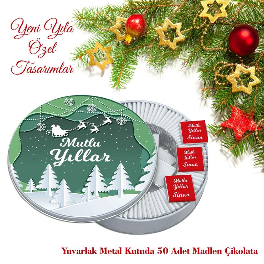 Yılbaşına Özel Uv Baskılı Yuvarlak Metal Kutuda 50'li Çikolata - Y2164