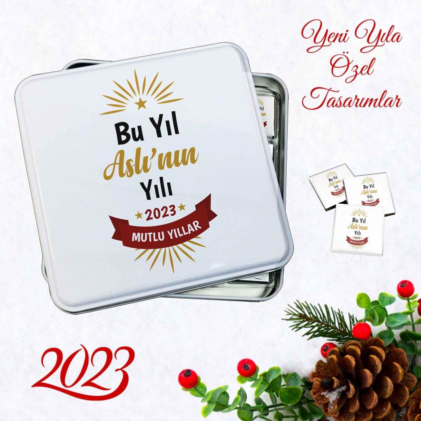 Yılbaşına Özel Uv Baskılı Kare Metal Kutuda 32'li Çikolata - Y2162