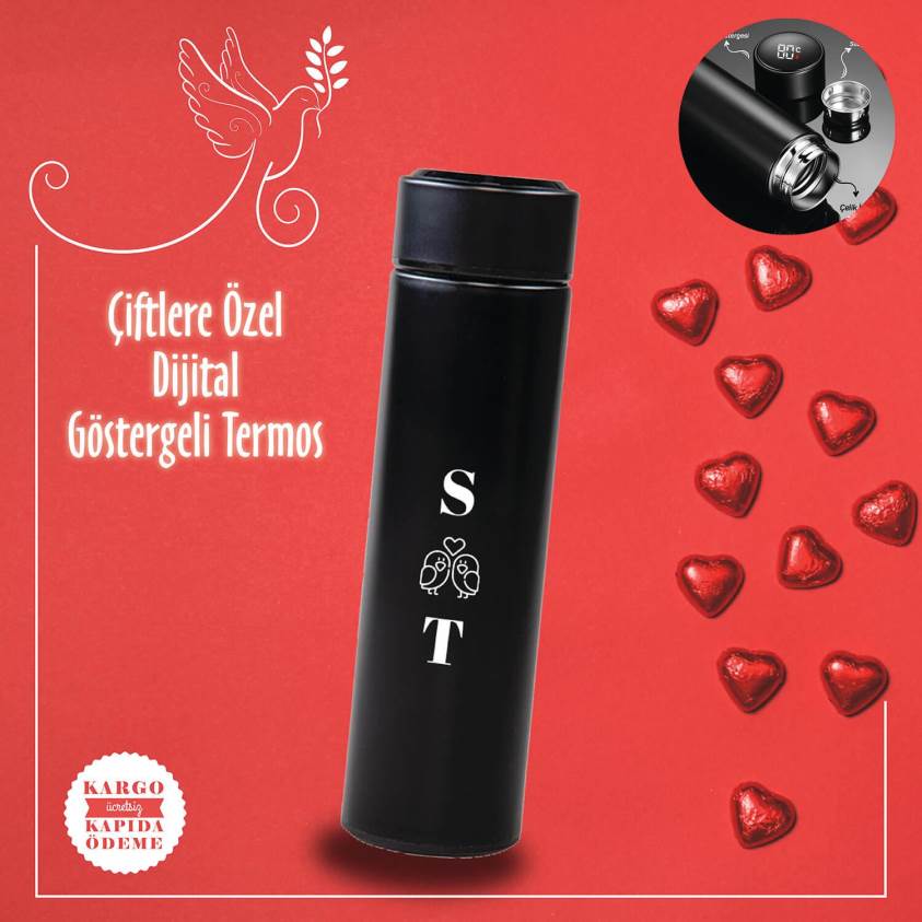 Sevgililer Gününe Özel Uv Baskılı Dijital Göstergeli Süzgeçli Çelik 450 ML Termos - 04