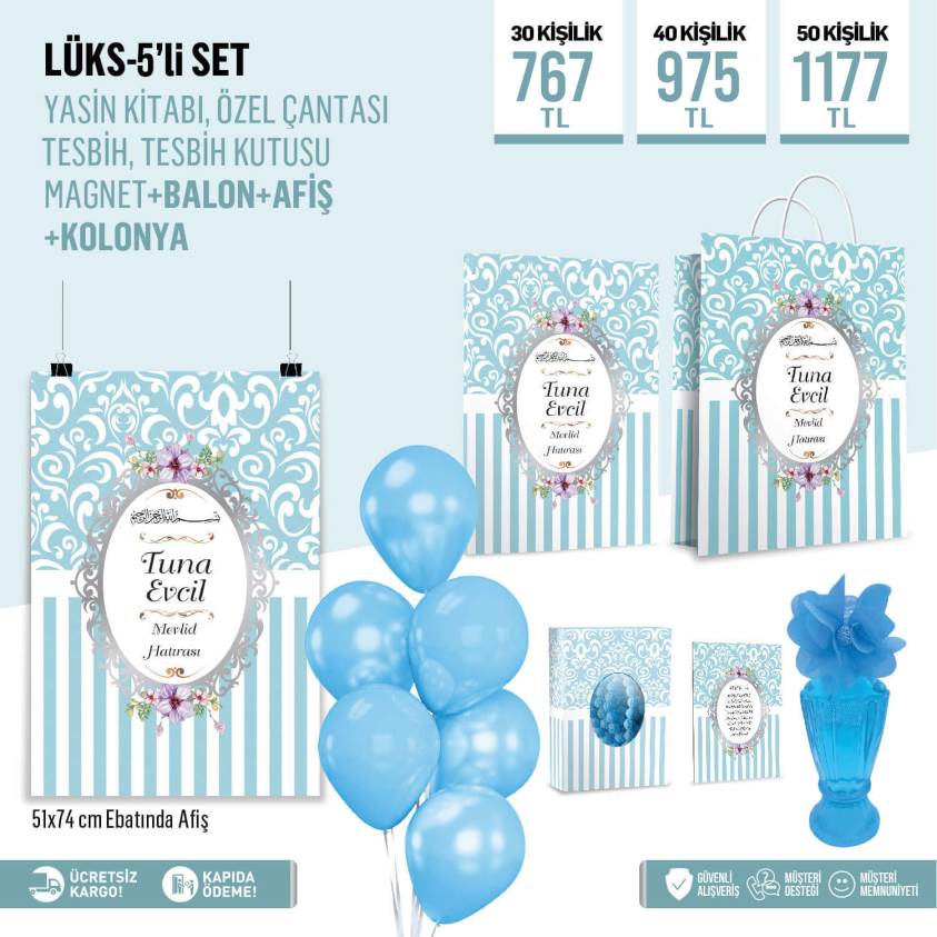Mavi  Çiçekli 7'li Mevlid Seti - D1065