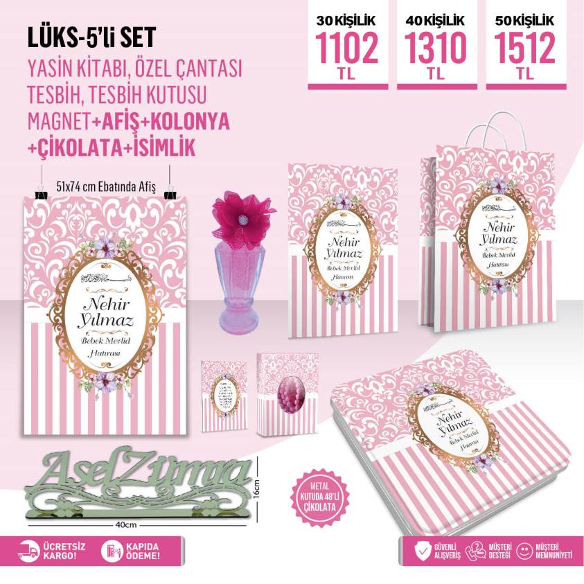 Pembe Çiçekli 8'li Mevlid Seti - D1058