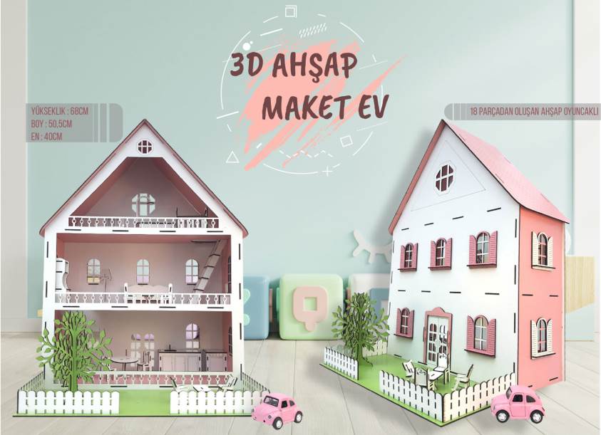 3D Ahşap Maket Pembe Bahçeli Şato- L7010