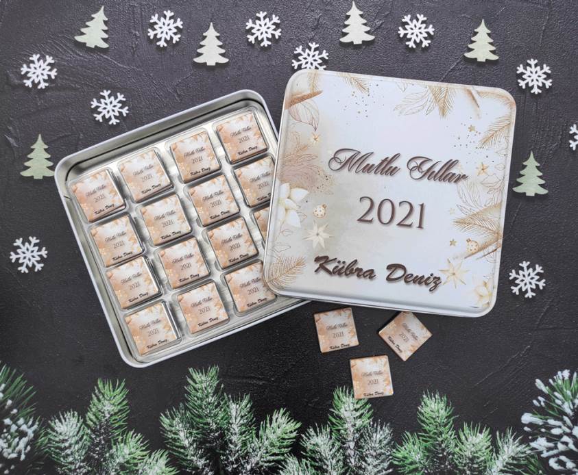 Yılbaşına Özel Uv Baskılı Kare Metal 32'li Çikolata - Y2003