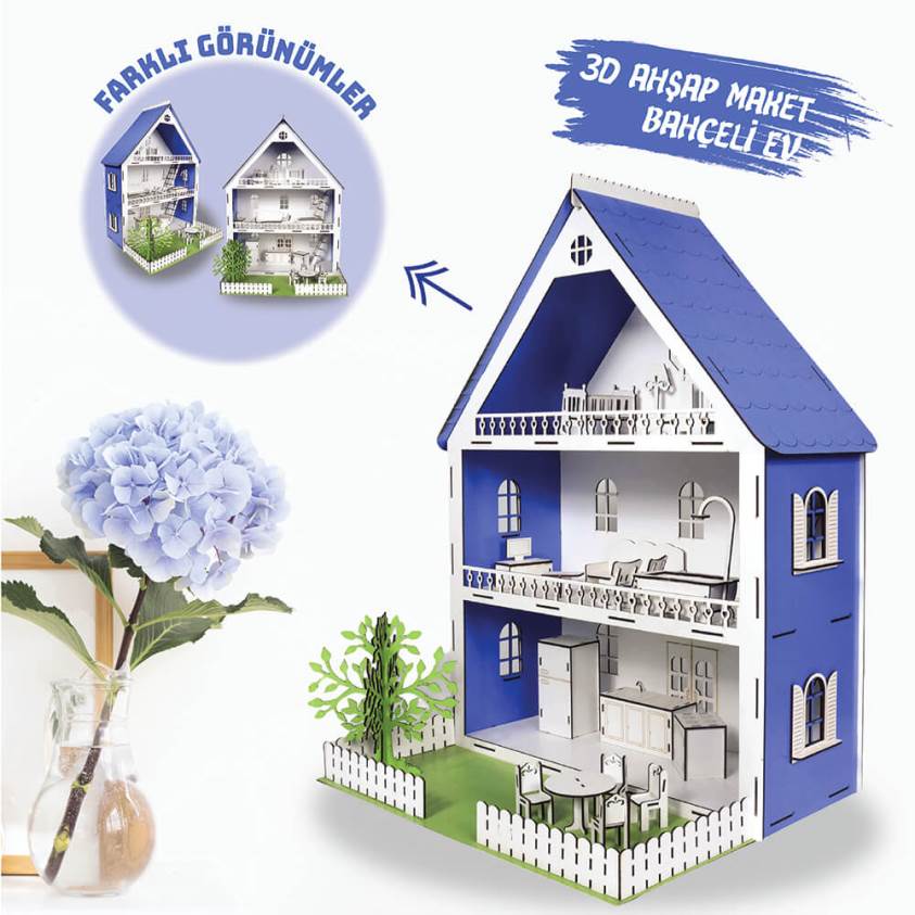 3D Ahşap Maket Mavi Bahçeli Şato - L7017