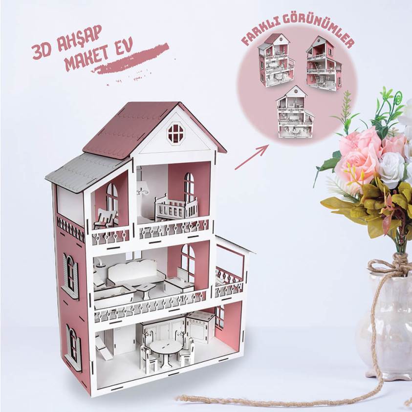 3D Ahşap Pembe Maket Ev - L7016