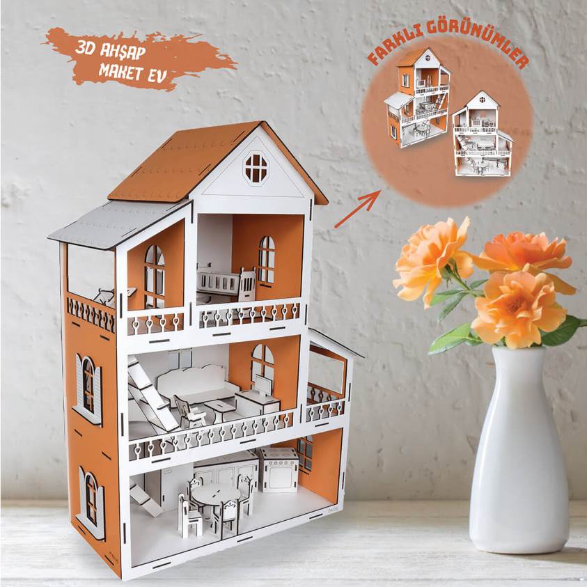 3D Ahşap Turuncu Maket Ev - L7014