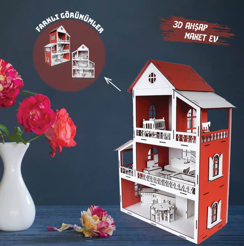 3D Ahşap Kırmızı Maket Ev - L7013