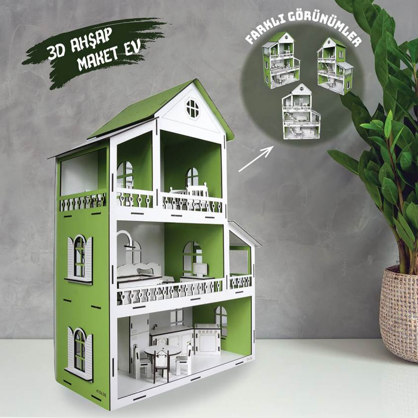 3D Ahşap Yeşil Maket Ev - L7012