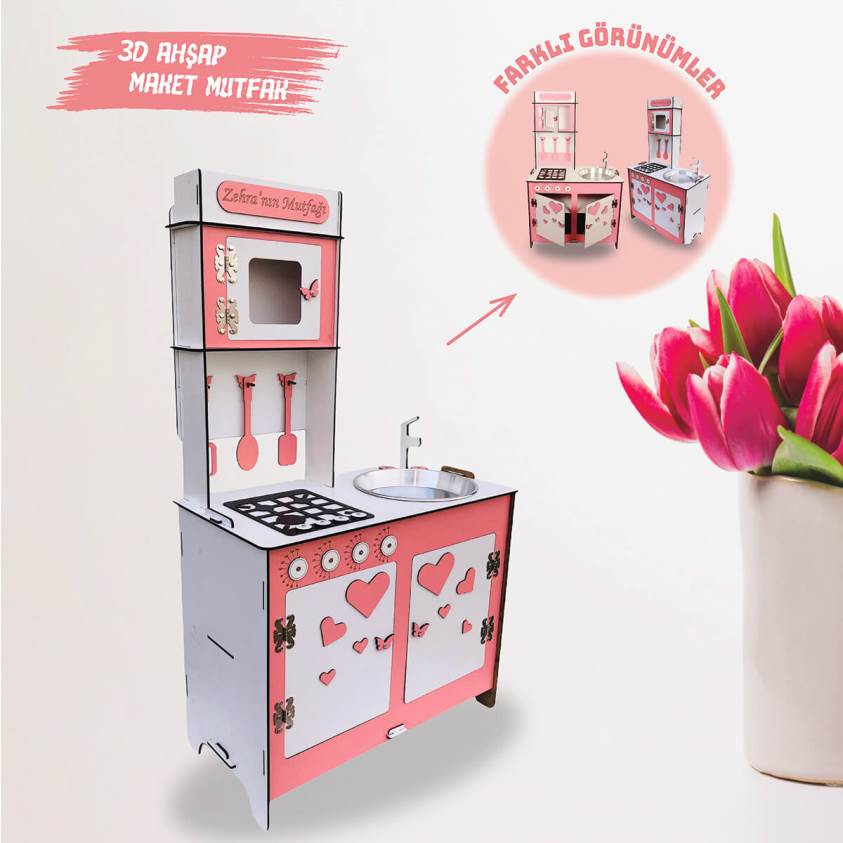 3D Ahşap Maket Pembe Oyuncak Mutfak - L7043
