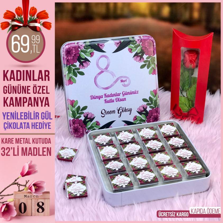8 Mart Dünya Kadınlar Günü Özel Tasarım Çikolata Kare Metal Kutu 06